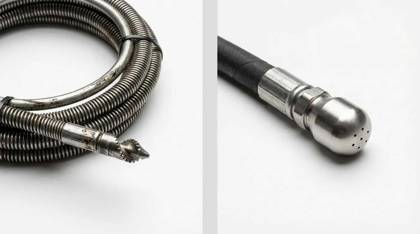Drain snake cable and hydro jetting nozzle used for drain cleaning in Nevada, IA