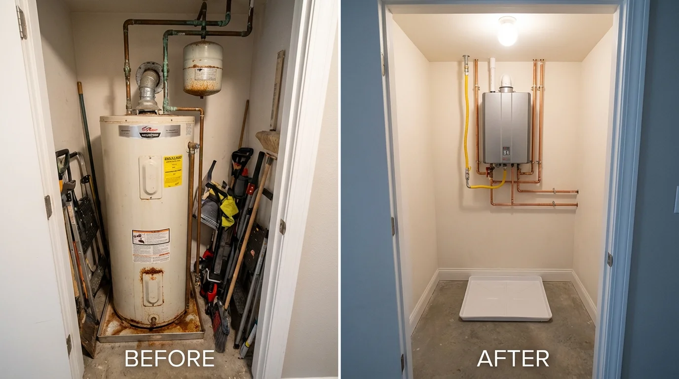 Tank water heater versus wall-mounted tankless unit comparison for Nevada, IA homeowners