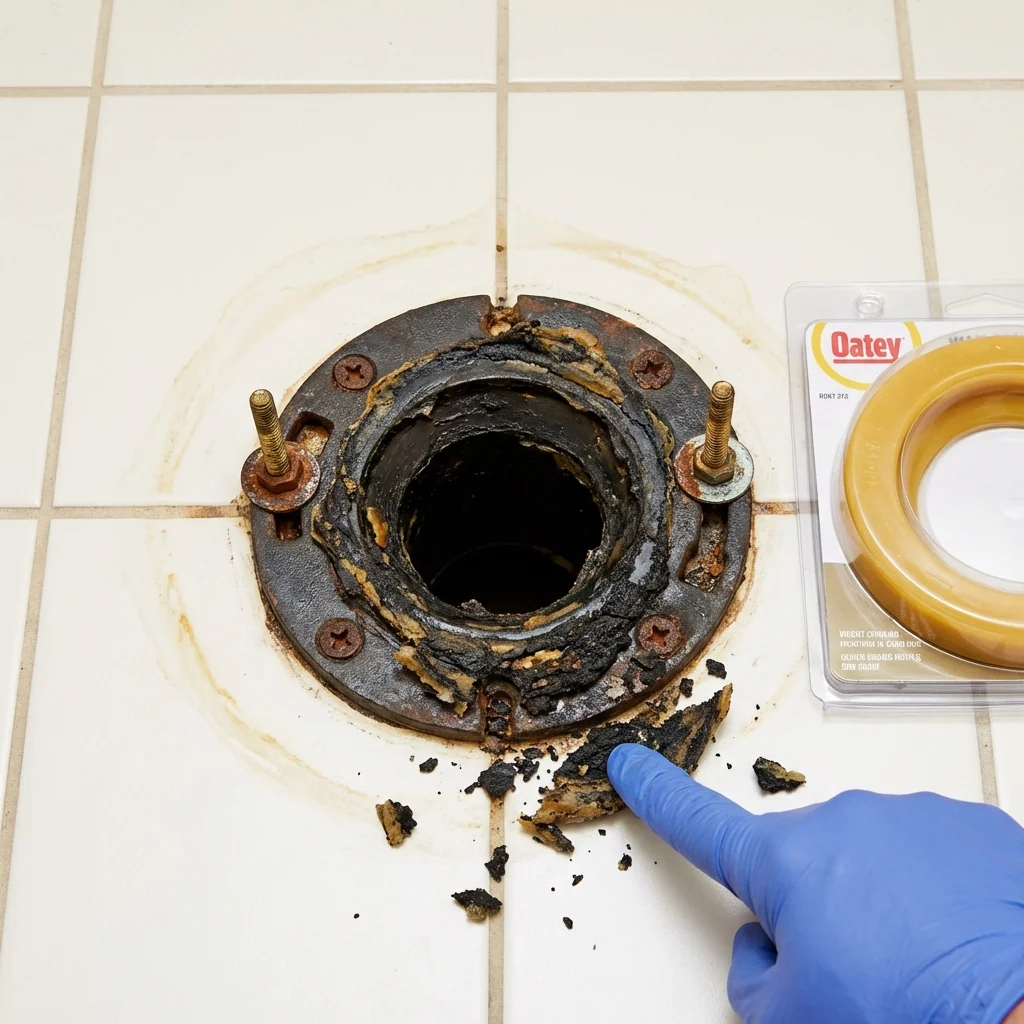 Failed wax ring showing water seepage at the base of a toilet in a Nevada, IA home