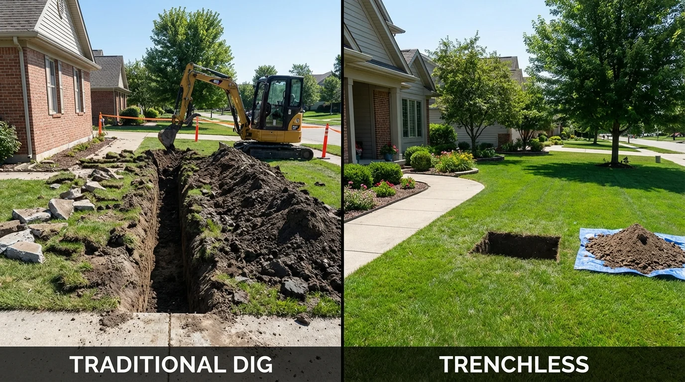 Trenchless sewer repair with minimal yard damage versus traditional excavation in Nevada, IA