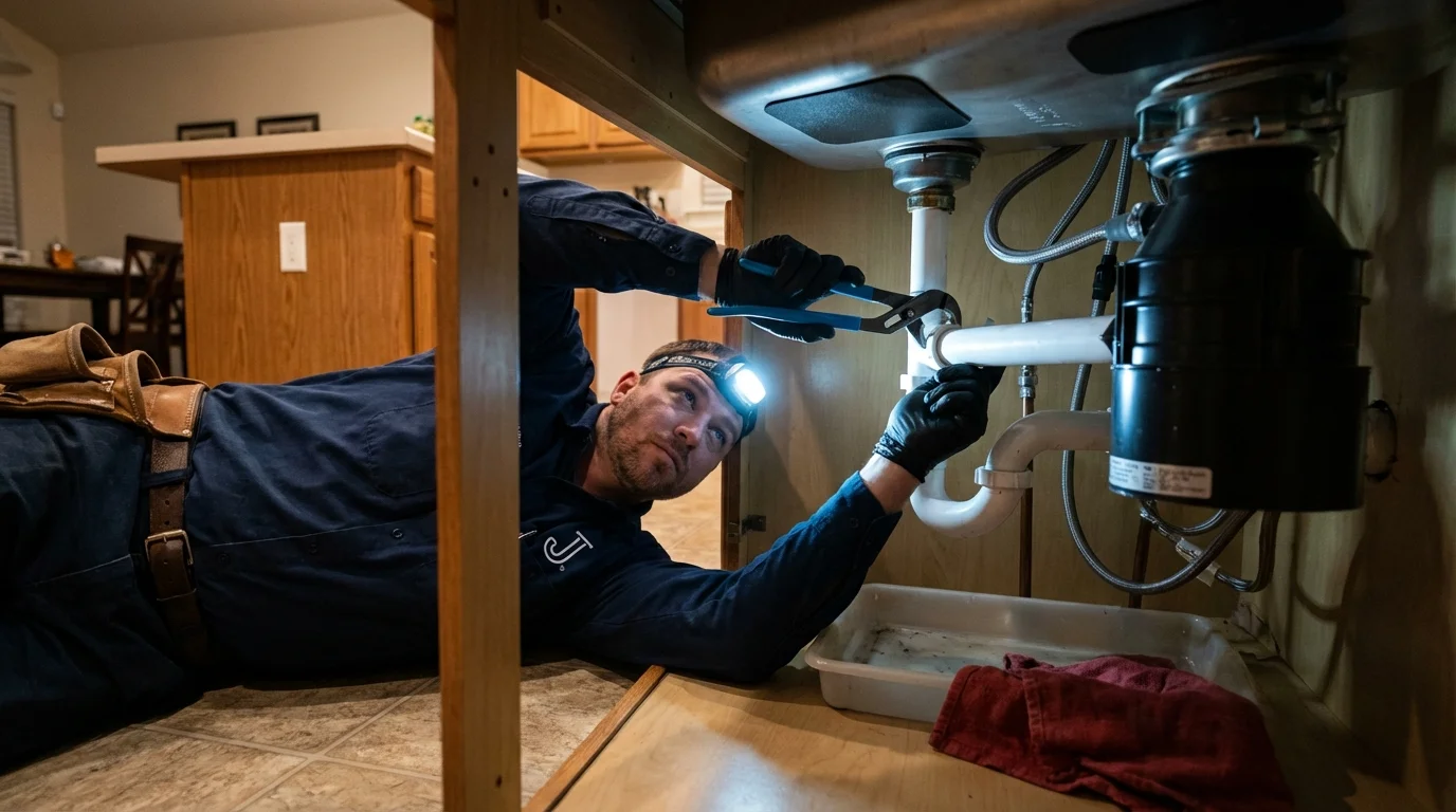 P-trap and supply line connections under a kitchen sink showing a common leak point in Nevada, IA